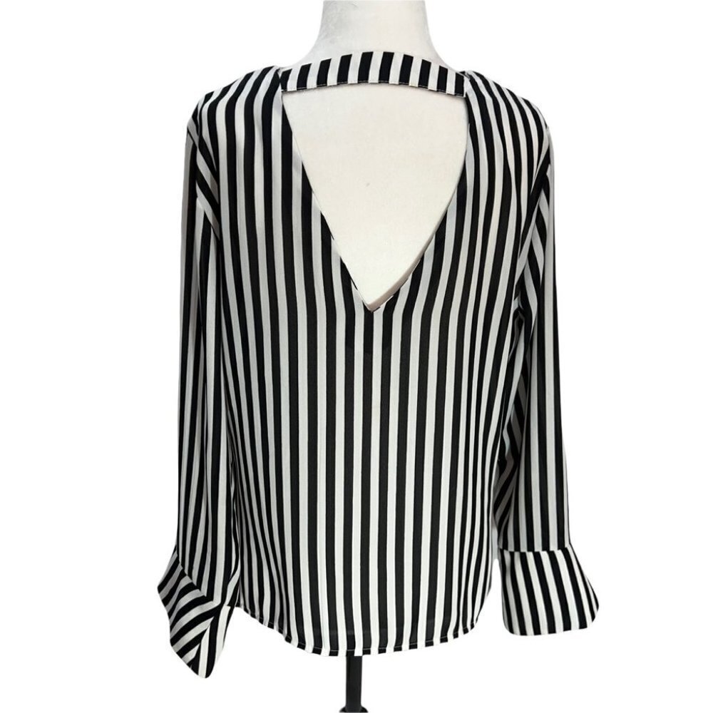 TRICOT Black/White Striped V-Neck Long Sleeve Blouse Top Size M - Picture 5 of 9